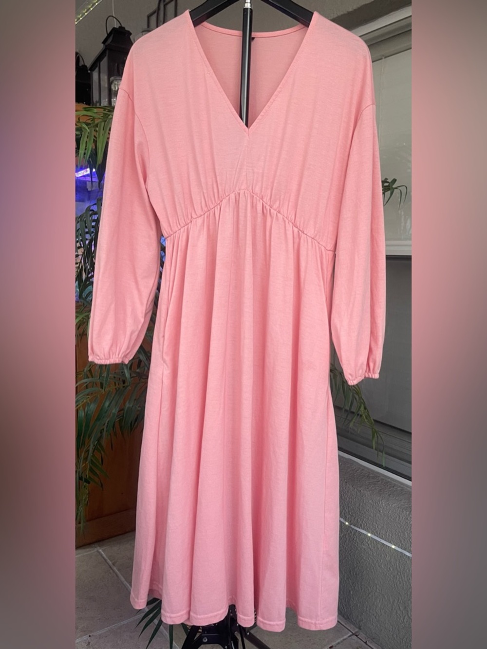 Women's Pink V-Neck Midi Dress with Gathered Waist